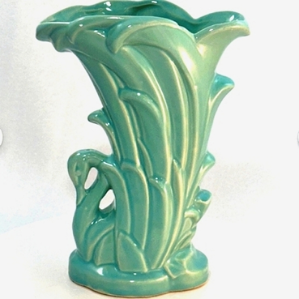 1940s Vintage McCoy Turquoise Aqua Green Deco Swan Vase 9"